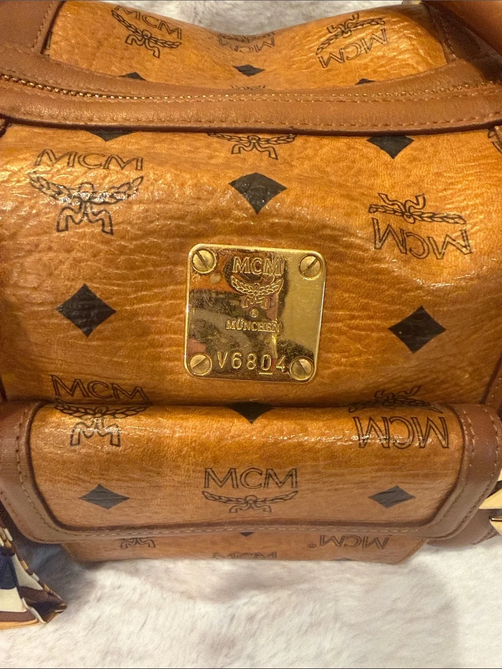MCM Cognac Monogram Visetos Satchel with Gold Charms